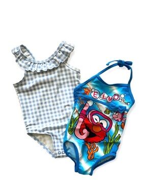 Baby Girl Swimsuits Set 12M | Elmo Sesame Street & Blue Gingham Ruffle